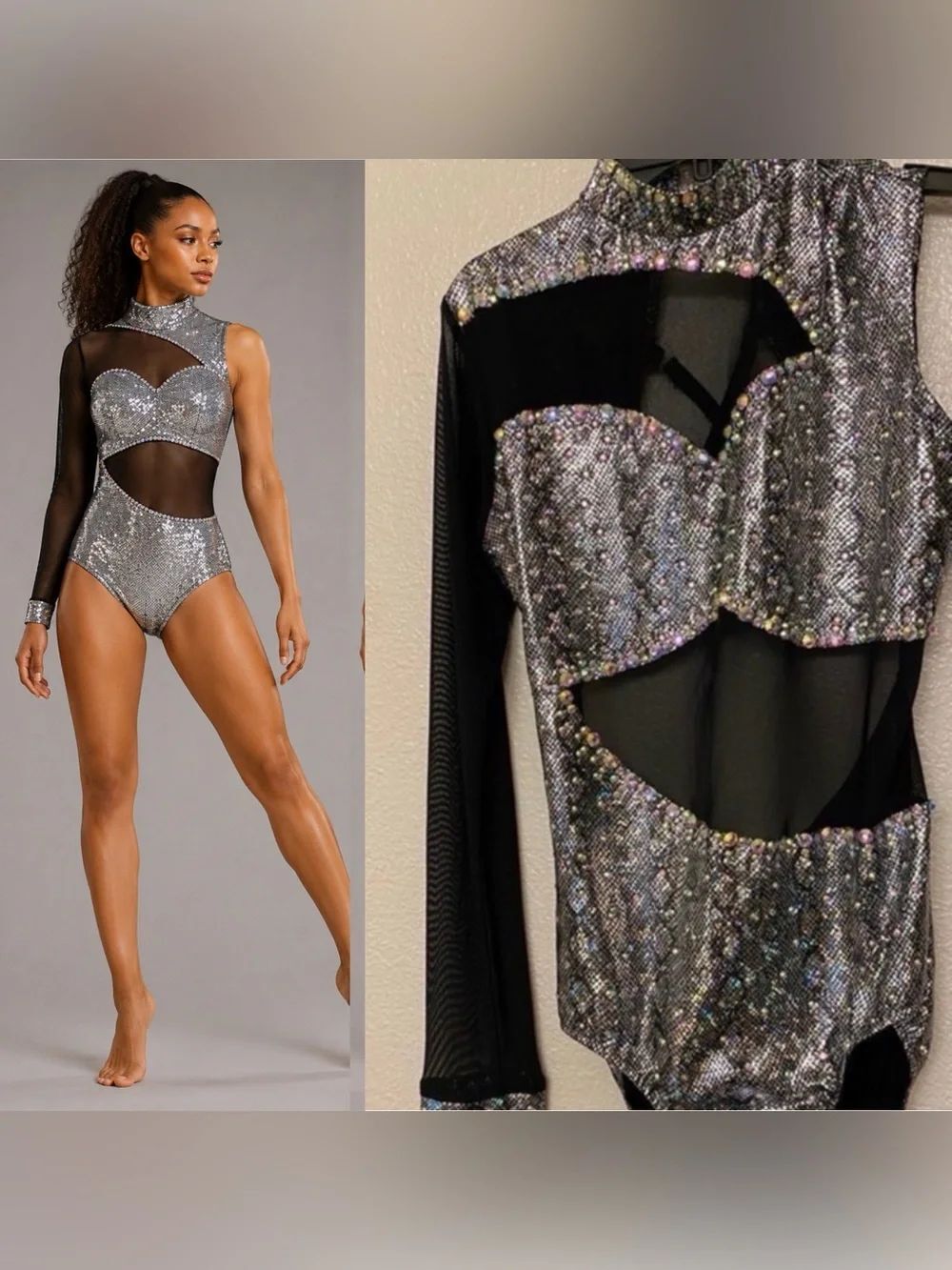Glamour Silver Snakeskin Contemporary Dance Costume One Sleeve Rhinestone LA